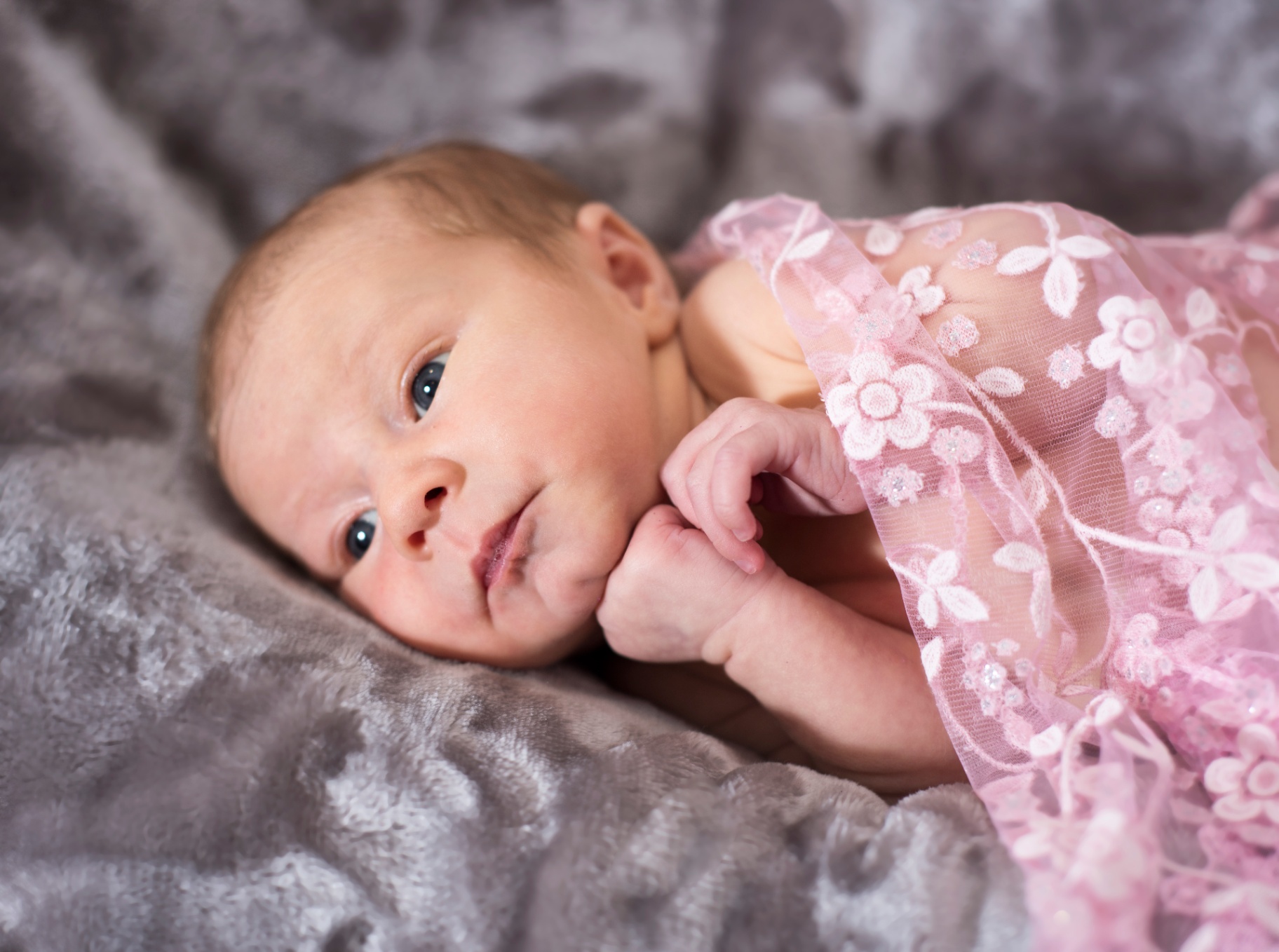 Newborn baby wrapped in delicate pink floral lace, resting on a soft grey velvet blanket