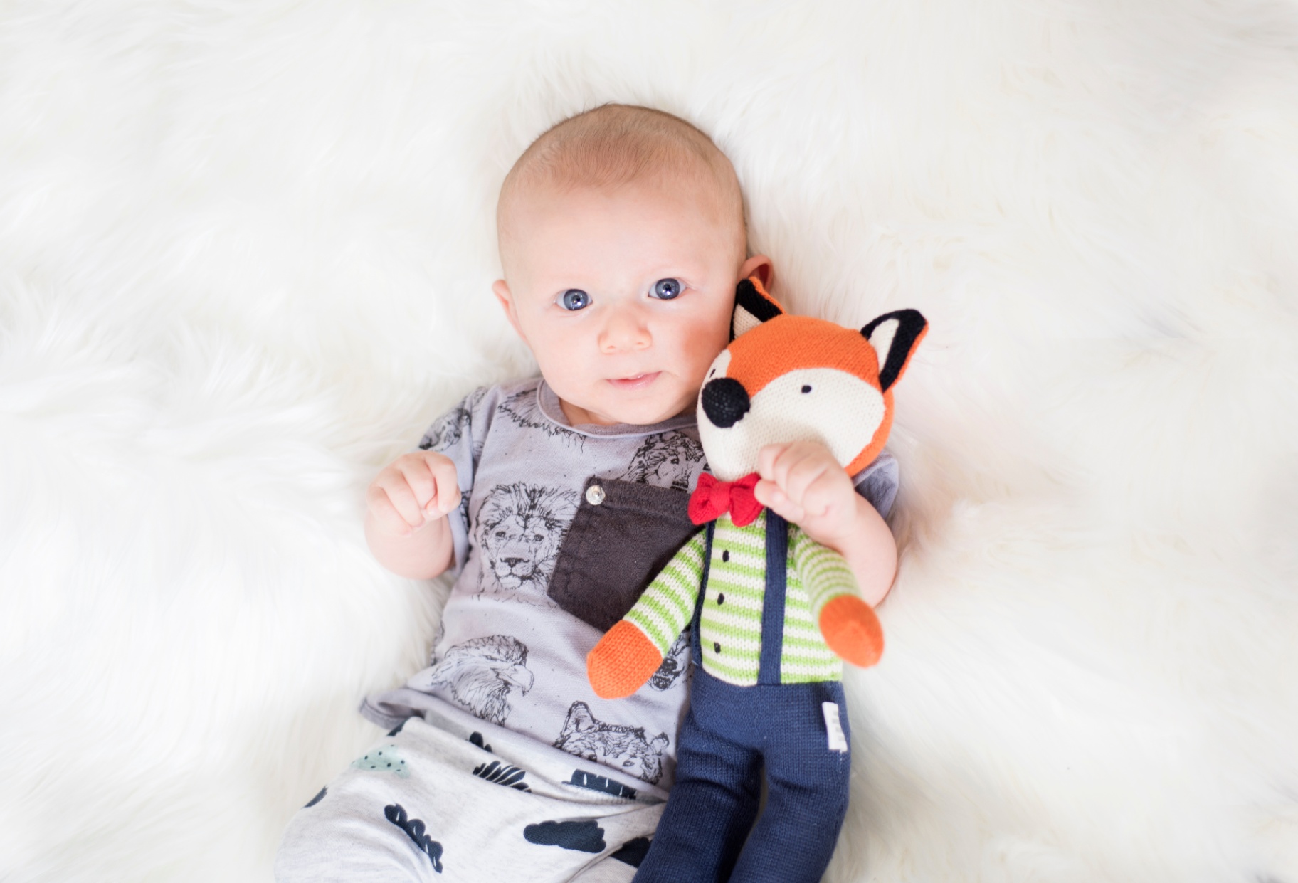 Blue-eyed baby Hudson cuddling a knitted fox toy on a soft white sheepskin rug