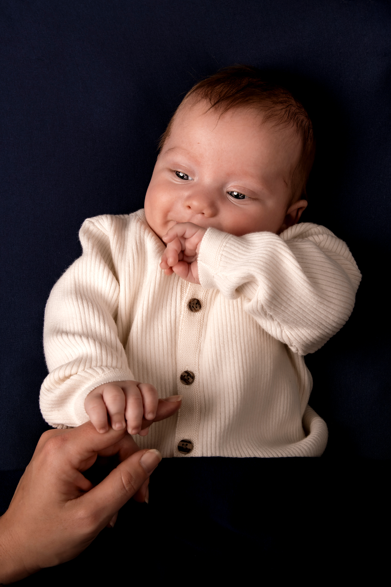 Baby Bellamy in a cream knit cardigan lying on a deep navy backdrop, holding an adult finger